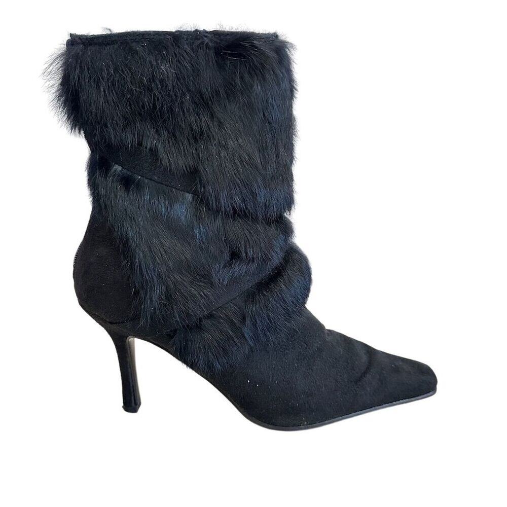 Pierre Dumas Women's Black Stiletto Heel Boots Size 9M Faux Fur Trim - Picture 5 of 9